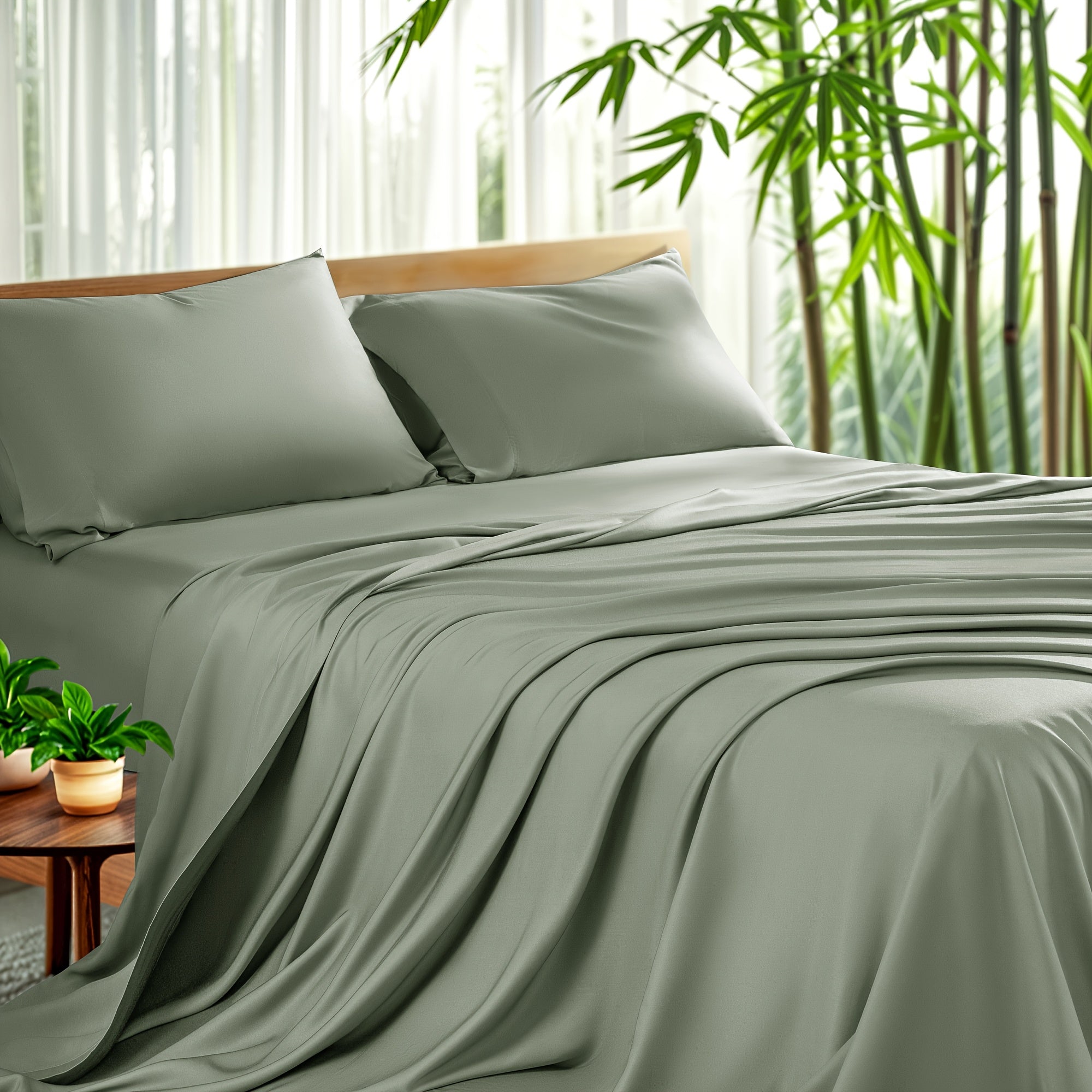 4pcs Bamboo Bed Sheet Set - Queen/King Size Deep Pocket (16" Fit), Wrinkle & Shrink Resistant, Hypoallergenic Bamboo Fabric, Cooling All-Season Sheets with Fitted, Flat & 2 Pillowcases - Hotel Qual...