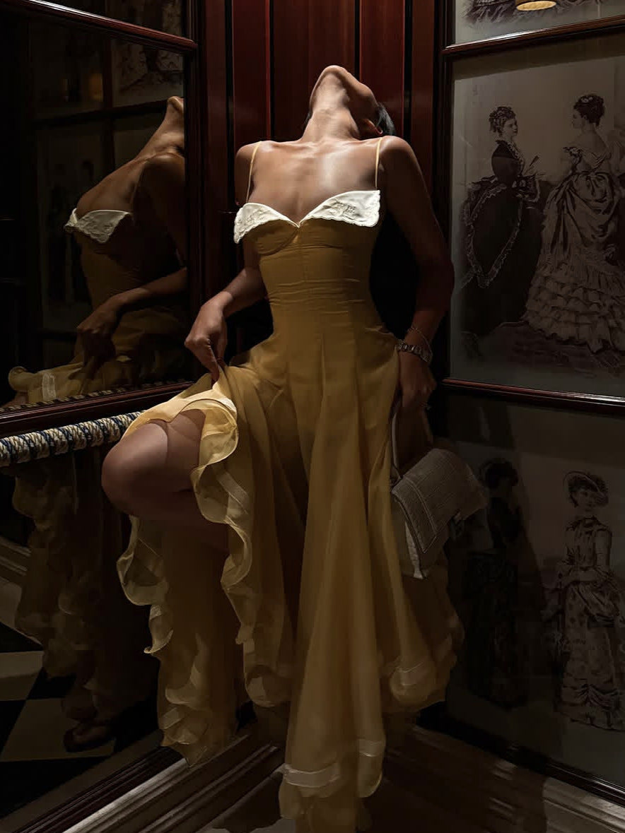 Spaghetti Strap Embroidery Trim Corset Chiffon Midi Flowy Dress