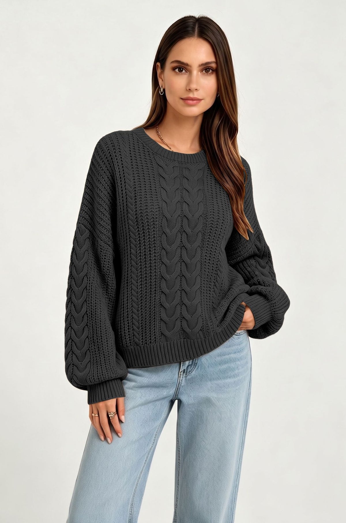 Womens Fallwinter New Arrival Solid-color Crew-neck Pullover Sweater