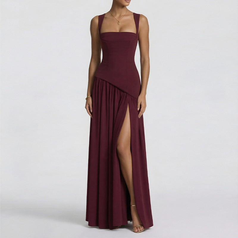 Elegant French Slit Midi Dress - Slim Fit Summer Style
