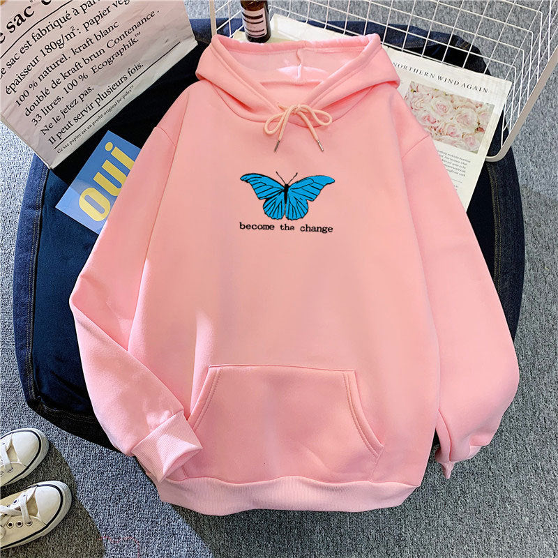 Cozy Butterfly Print Loose Pullover Hoodie