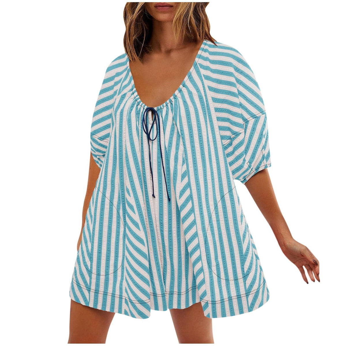 Striped V-Neck Short Sleeve Loose Casual Jumpsuit