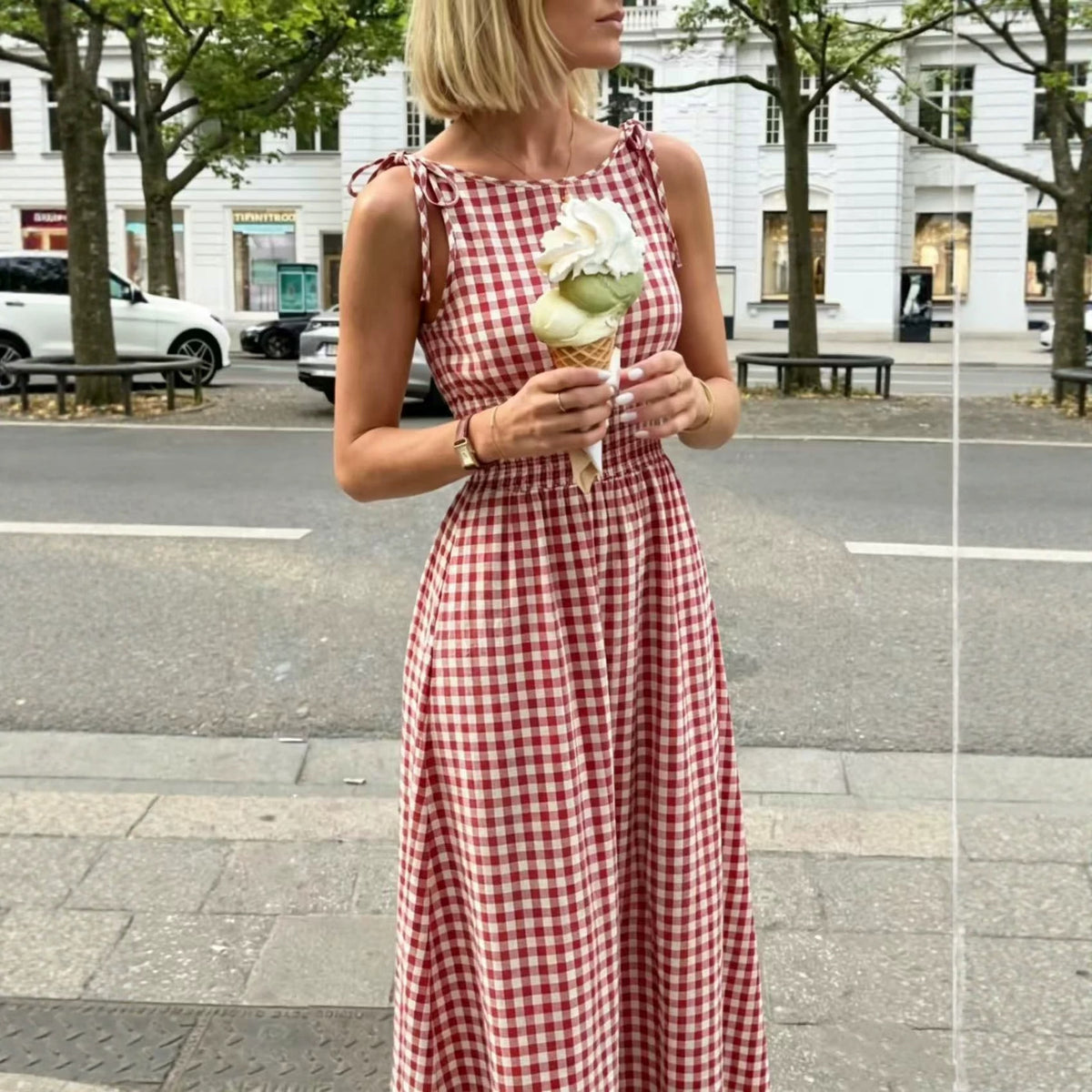 Plaid Bow-Strap Ruffled A-Line Dress