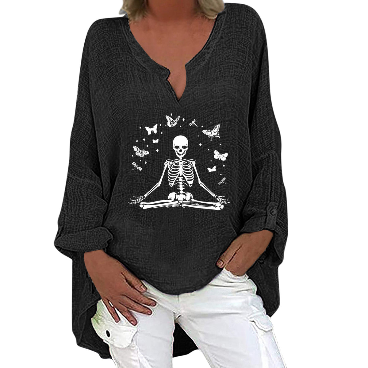 Halloween V-Neck Cotton Linen Long Sleeve Shirt