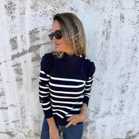 Striped Turtleneck Buttons Women's Knitted Sweater Top