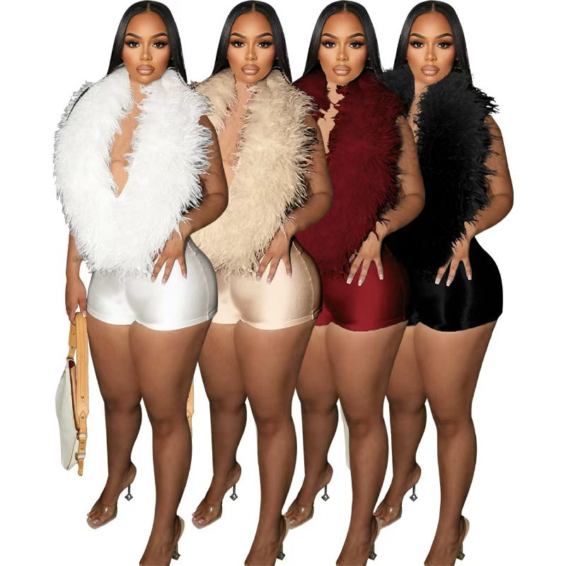 Elegant Feather Halter Romper Shorts for Women