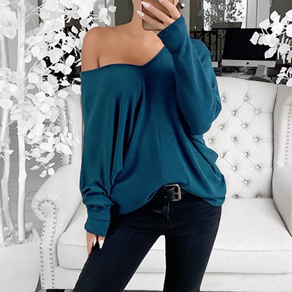 Women's Loose V-Neck Long-Sleeve Casual Pullover Tee