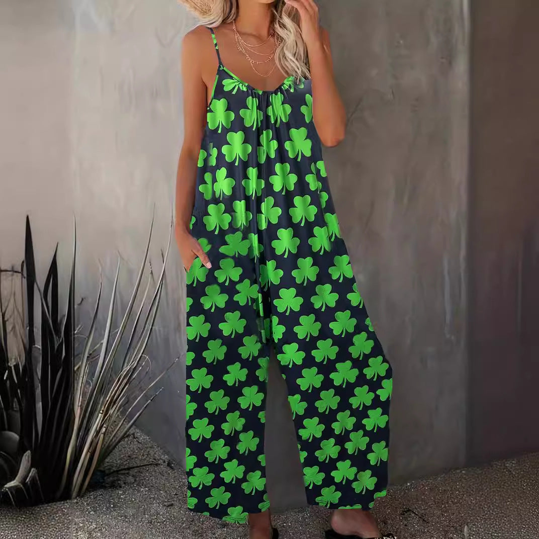 Womens SpringSummer Bohemian-Style Printed Pleated Jumpsuit With Straps