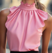 Elegant Ruffled Sleeveless Stand Collar Top For Women