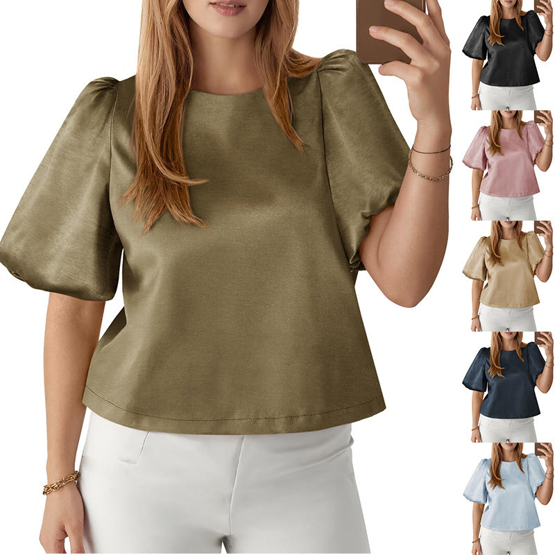 Women's Satin Puff Sleeve Pullover Top – Flared, Patchwork, Round Neck