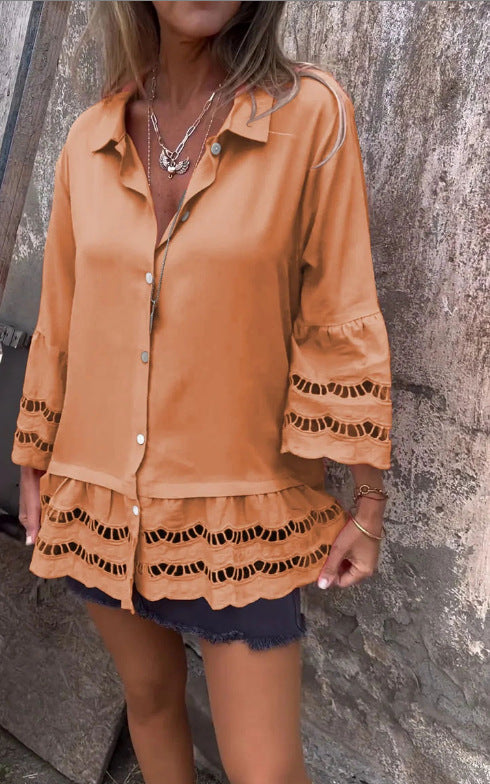 Lapel Long Sleeve Lace Ruffles Lotus Leaf Loose Shirt