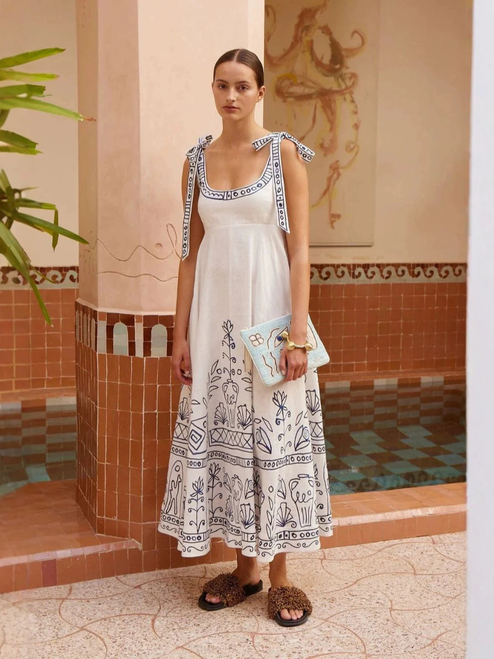Printed Elegant Versatile Lace-up Linen Dress