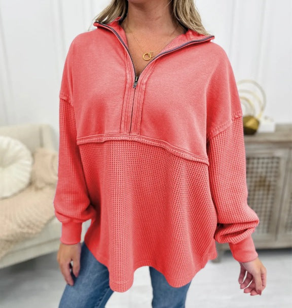 Women's Cozy Zip Patchwork Casual Pullover Sweater