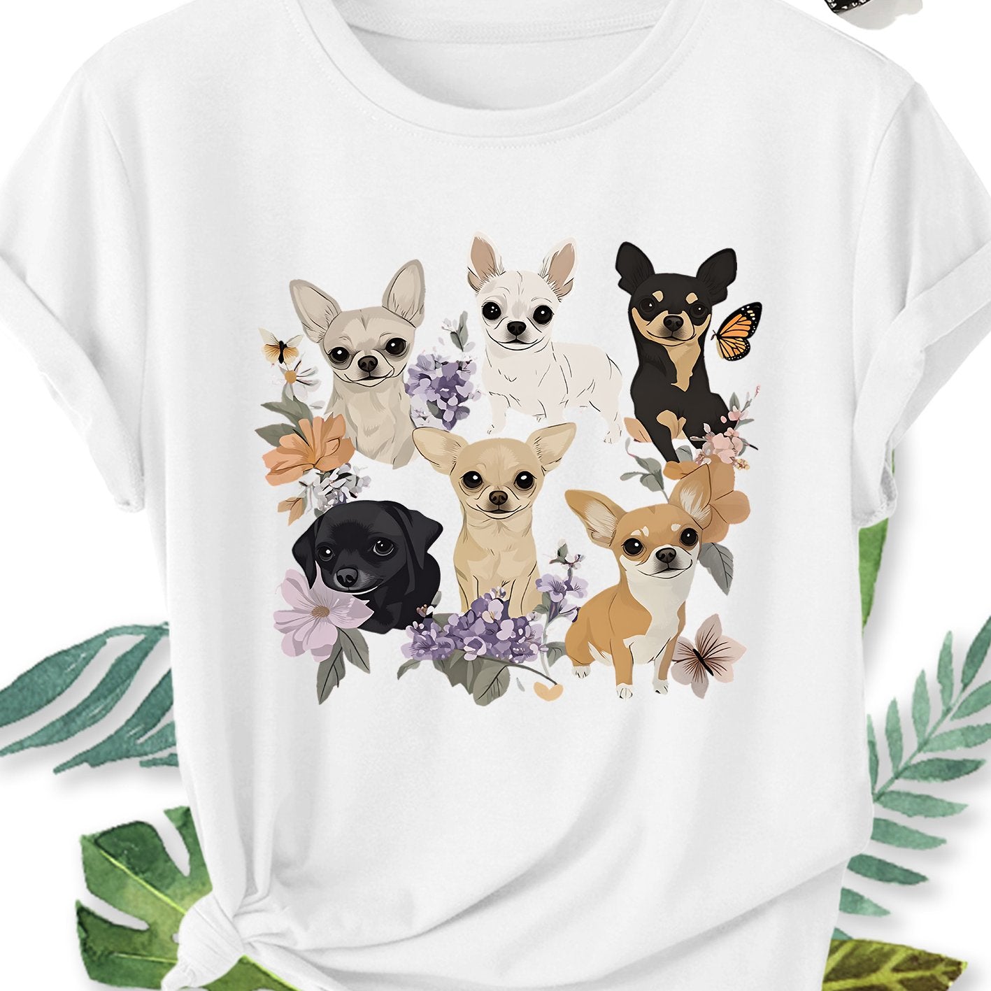 Ladies' Plus Size Short Sleeve T-Shirt with Chihuahua Dog Floral Print, Crew Neck