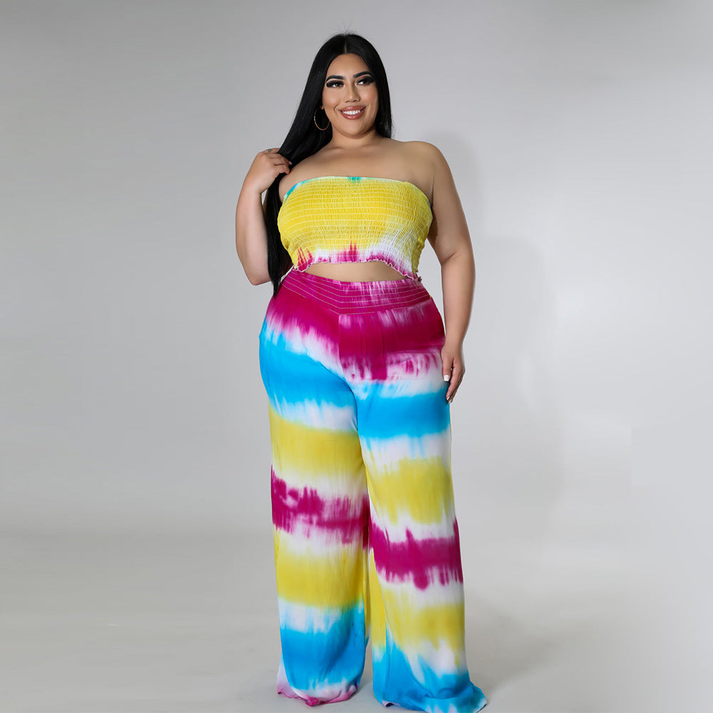 Tie-Dye Print Plus Size Backless Jumpsuit Set