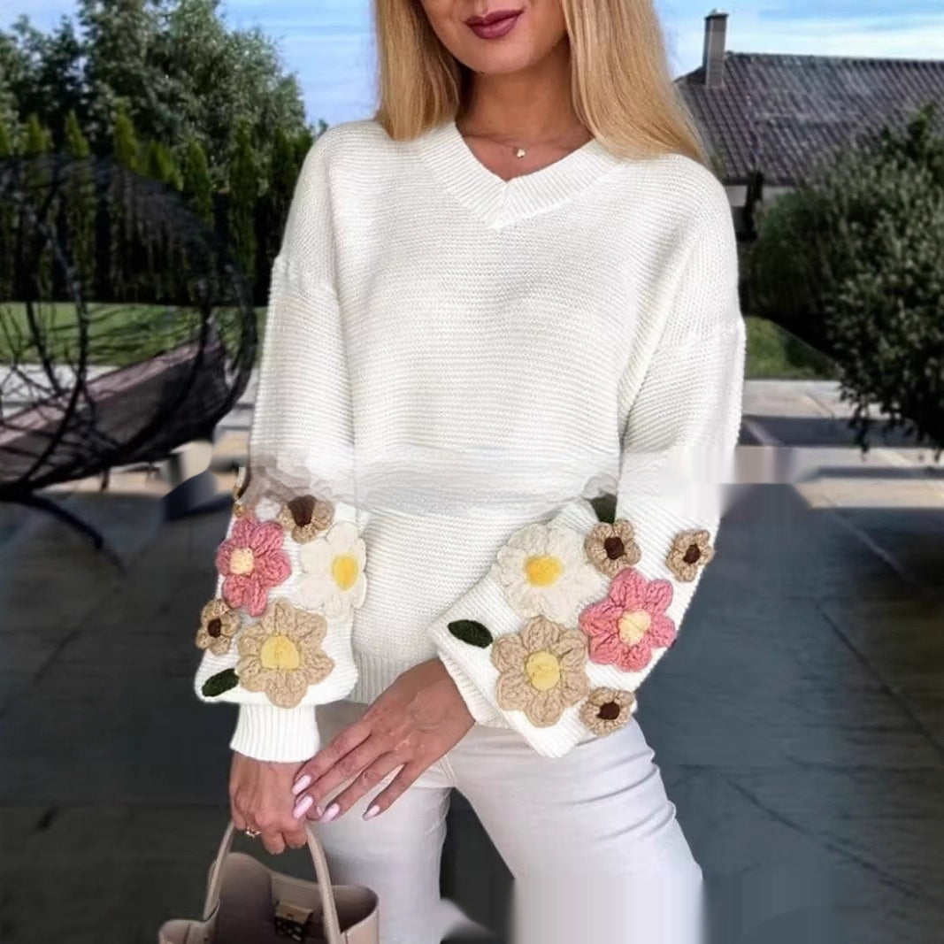 Elegant Knitted Sweater with Colorful Floral Design for Women