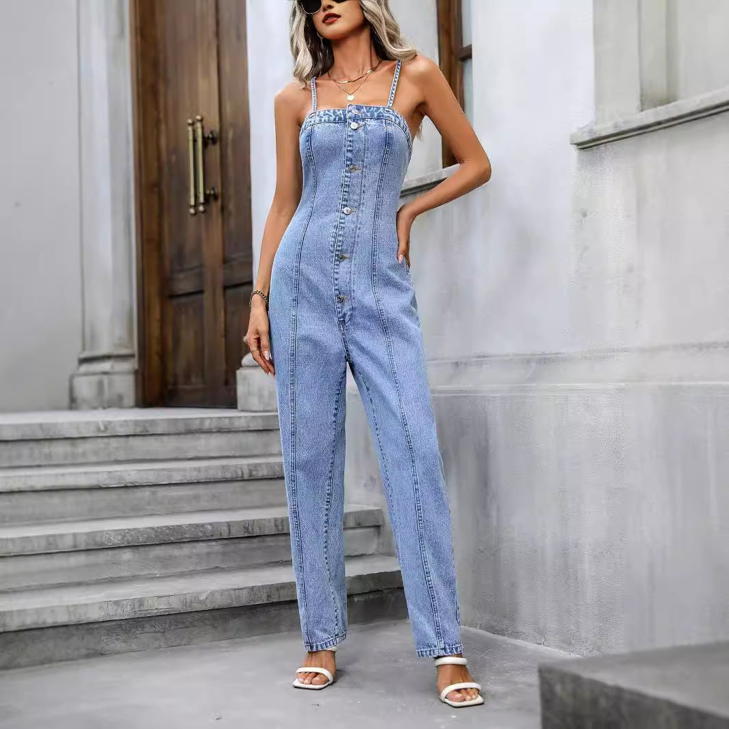 Women's Trendy Backless Denim Sling Jumpsuit