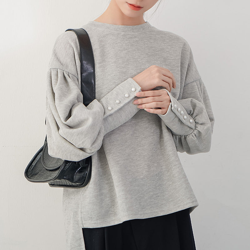 Chic Pearl Buckle Lantern Sleeve Sweater for Women