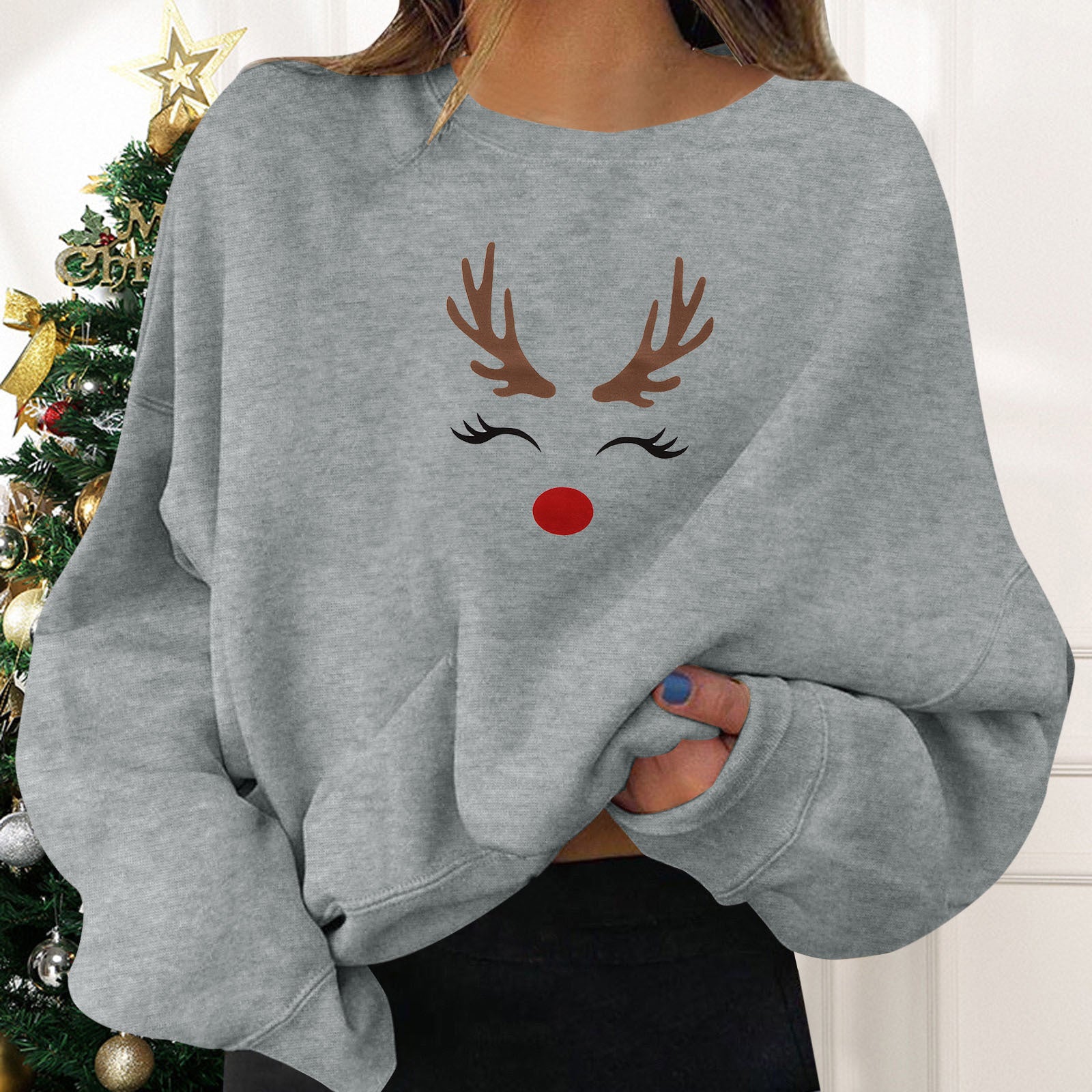 Festive Round Neck Print Christmas Sweatshirt