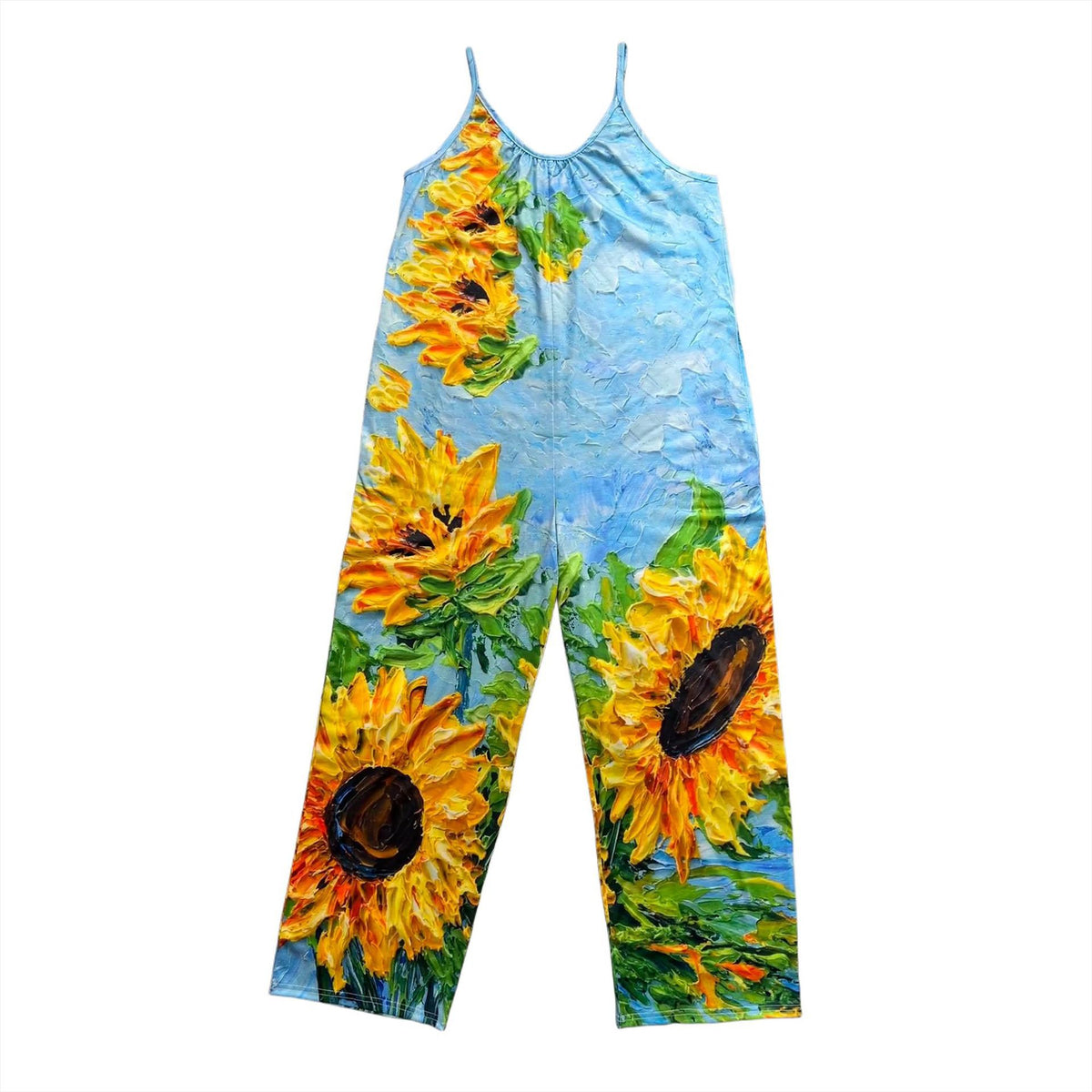 Bohemian Sunflower Print Pleated Wide-Leg Jumpsuit