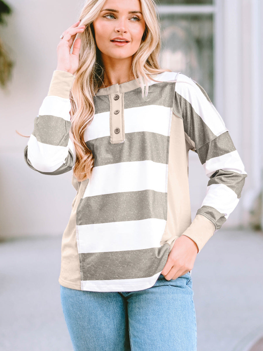 Colored Pullover Loose Casual Striped Printed Long Sleeves Women