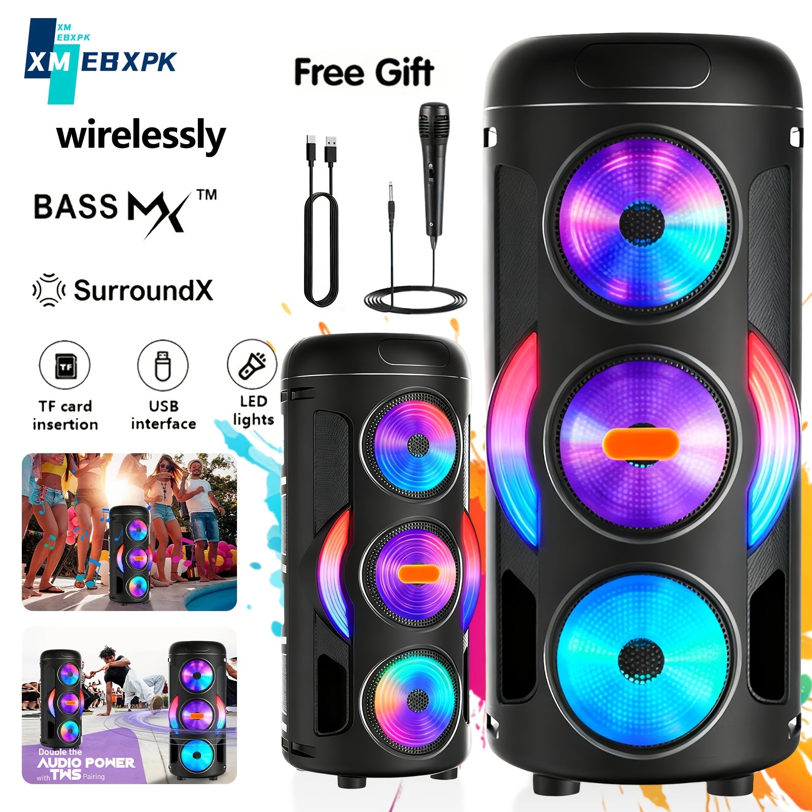 Large Portable Bluetooth Karaoke Party Box Speaker with Subwoofer and LED Lights
