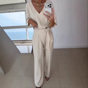 Solid-color V-neck Casual Mid-length Sleeve Belt Jumpsuit Pants