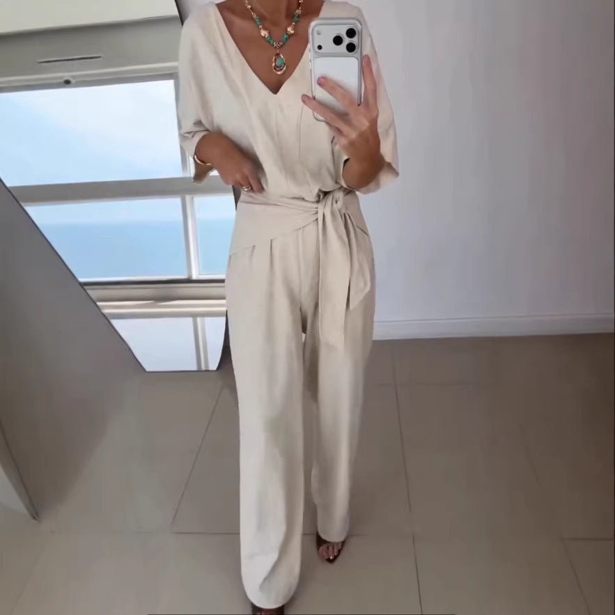 Solid-color V-neck Casual Mid-length Sleeve Belt Jumpsuit Pants