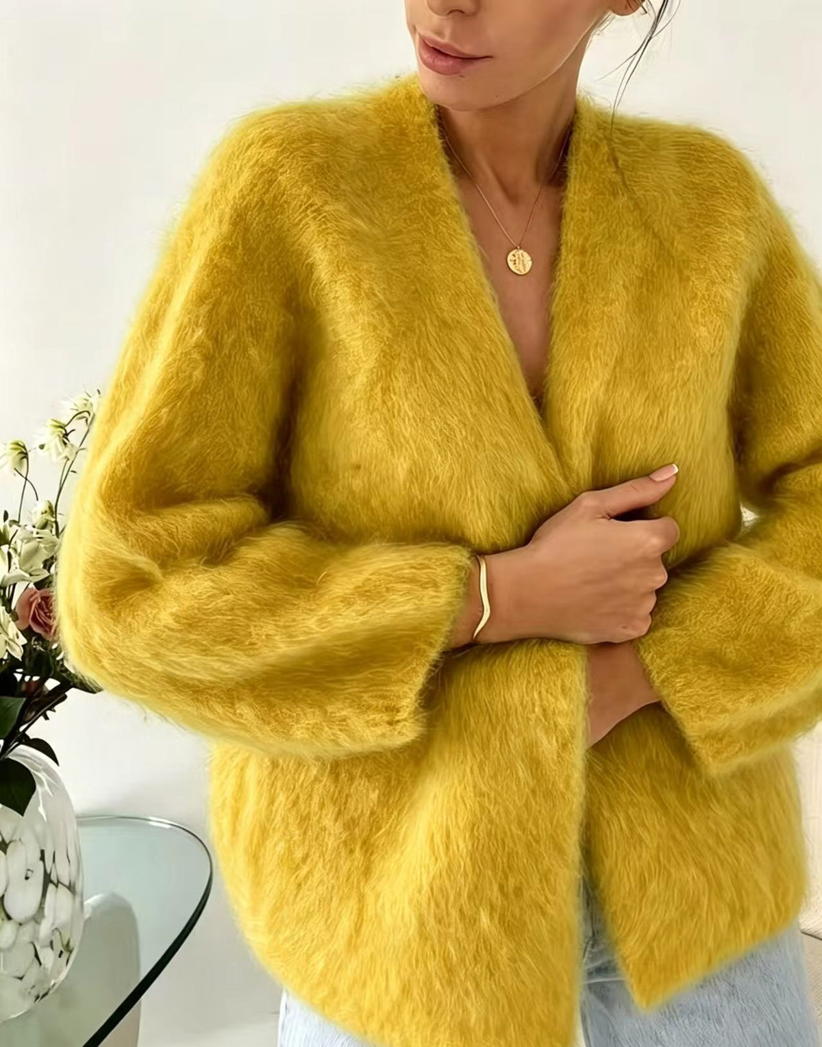 V-neck Sweater Coat Womens Knitted Cardigan Solid Color