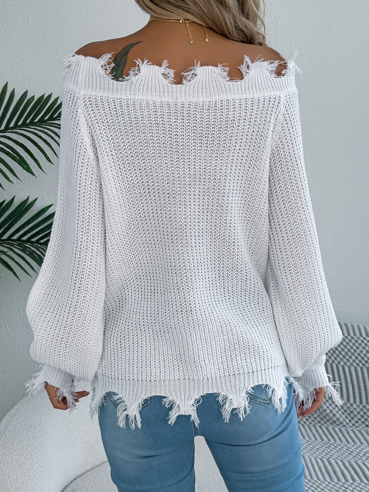 Women Solid Color Hollow Out Long Sleeve Distressed Off-shoulder Pullover Sweater
