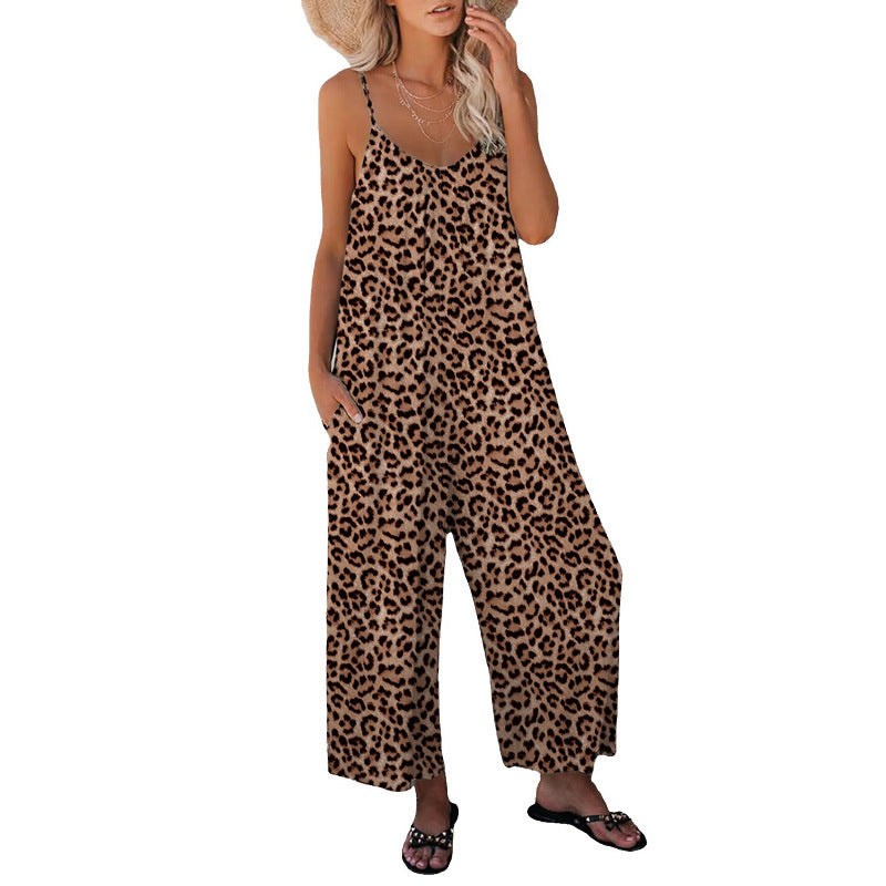 Casual Sleeveless Leopard-Print Jumpsuit With Pockets And A Relaxed Fit