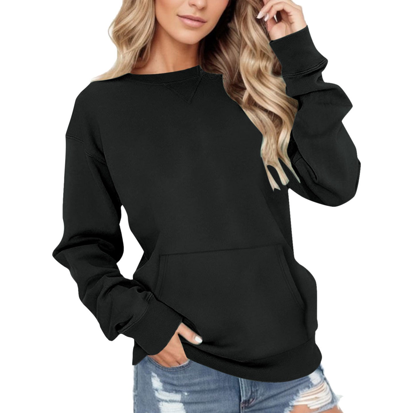 Casual Solid Color Long Sleeve Pocket Hoodie for Women