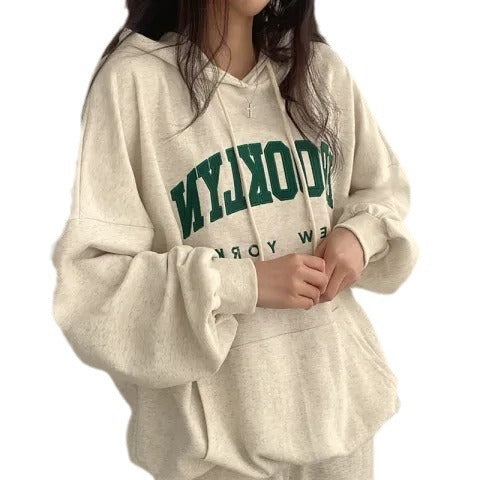 American Style Letter Print Fleece Pullover Hoodie