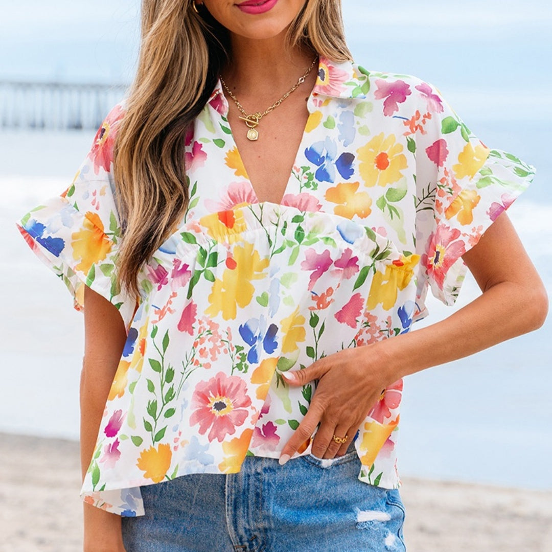 Floral V‑Neck Ruffle Sleeve Pullover Top – Loose Fit