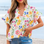 Floral V‑Neck Ruffle Sleeve Pullover Top – Loose Fit