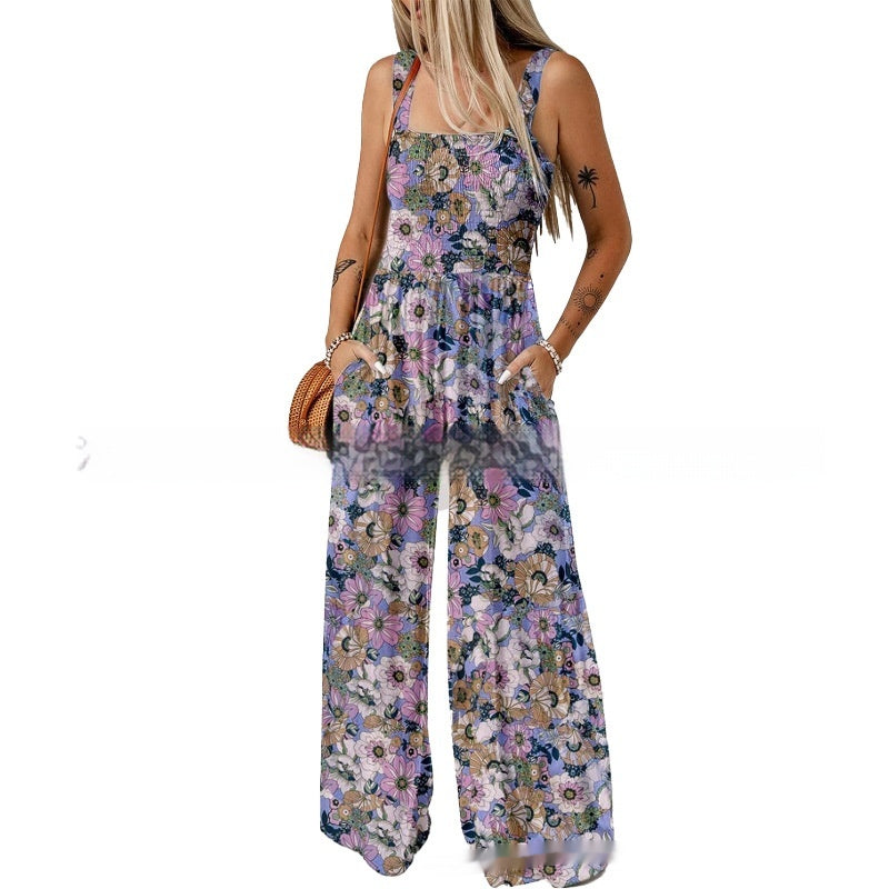 Bohemian Floral Spaghetti Strap Wide Leg Overalls