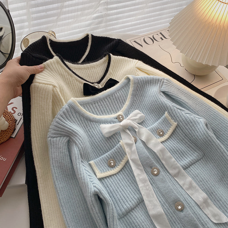 Retro Bow Diamond Cardigan French Short Top