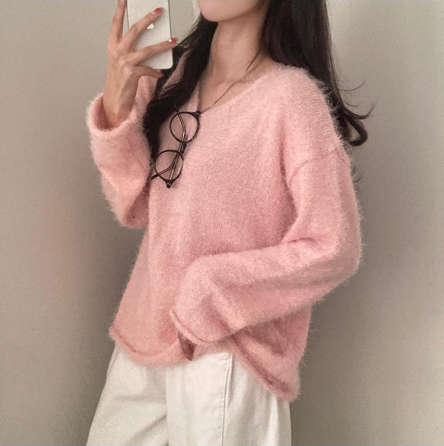 Pure Color Milk Huhoo Loose and Lazy Style Long Sleeve Pullover Sweater