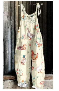 Women's Retro Printed Strap Jumpsuit Linen Pants