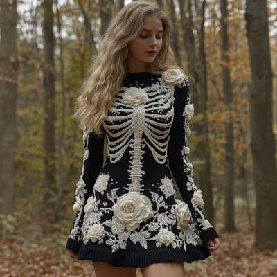 Halloween Street-style 3d Digital-print Skeleton Bodycon Skirt and Sweater Set for Europe and the Us