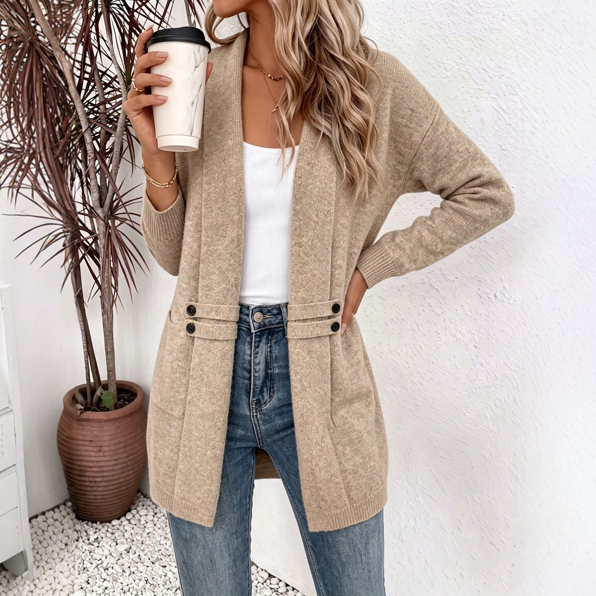 Womens Midi Simple Double-breasted Knitted Coat