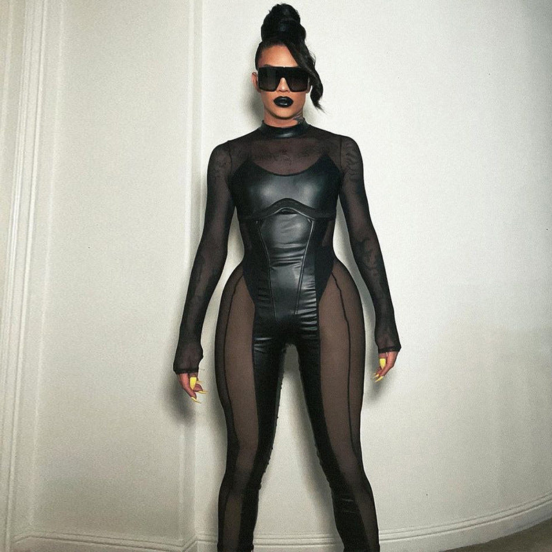 Spliced Mesh Sheer Long-Sleeve Sexy Black Jumpsuit