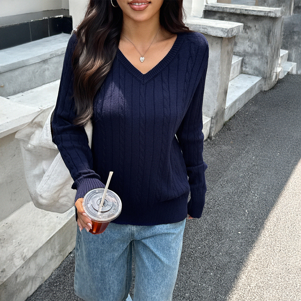 Women's V-neck Woolen Long-sleeved Sweater