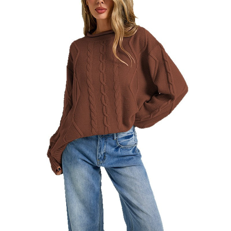 Womens European and American-style Loose-fitting Crew-neck Knit Sweater