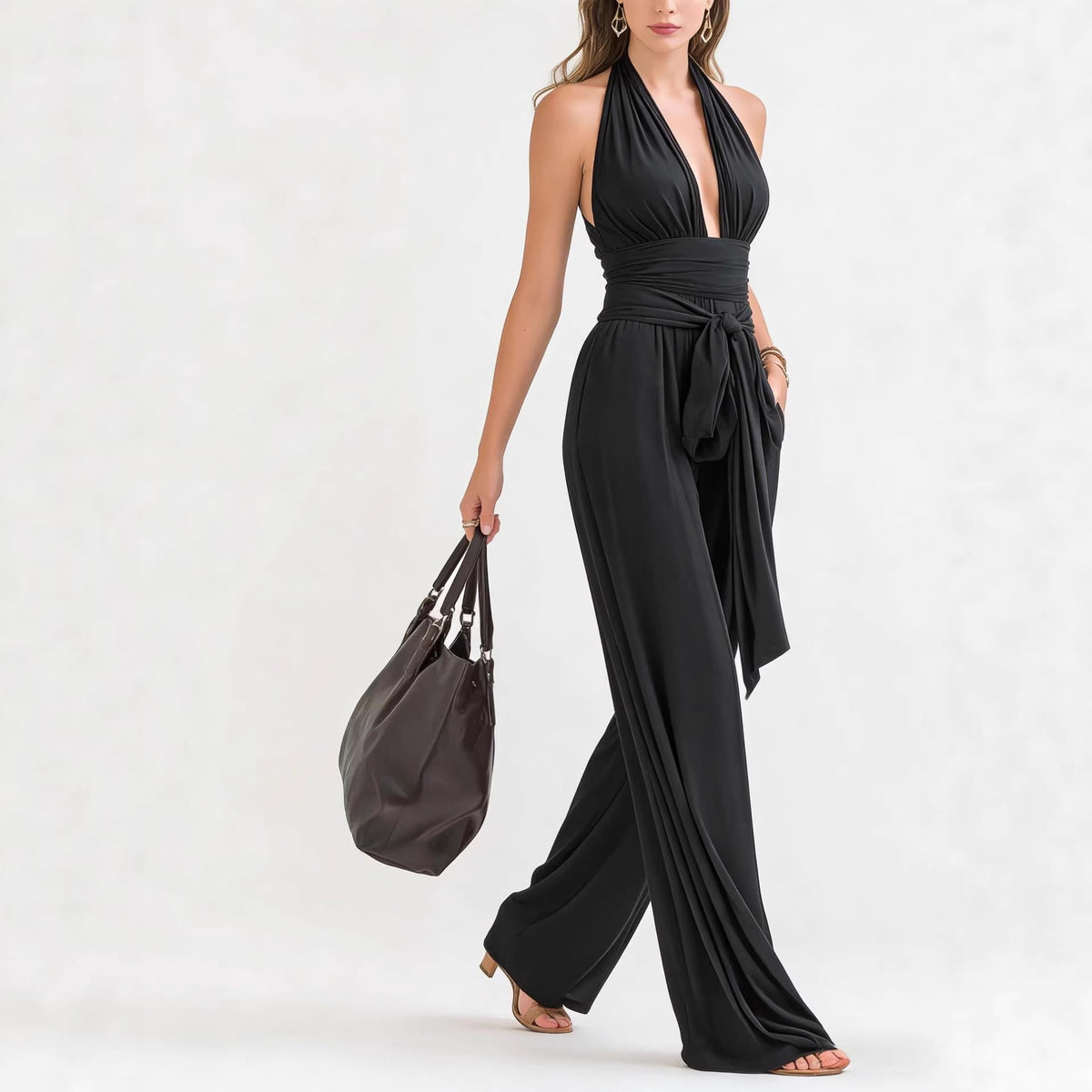 Halter-Neck V-Neck Solid Jumpsuit