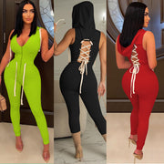 Lace-up Low Collar Hooded Jumpsuit