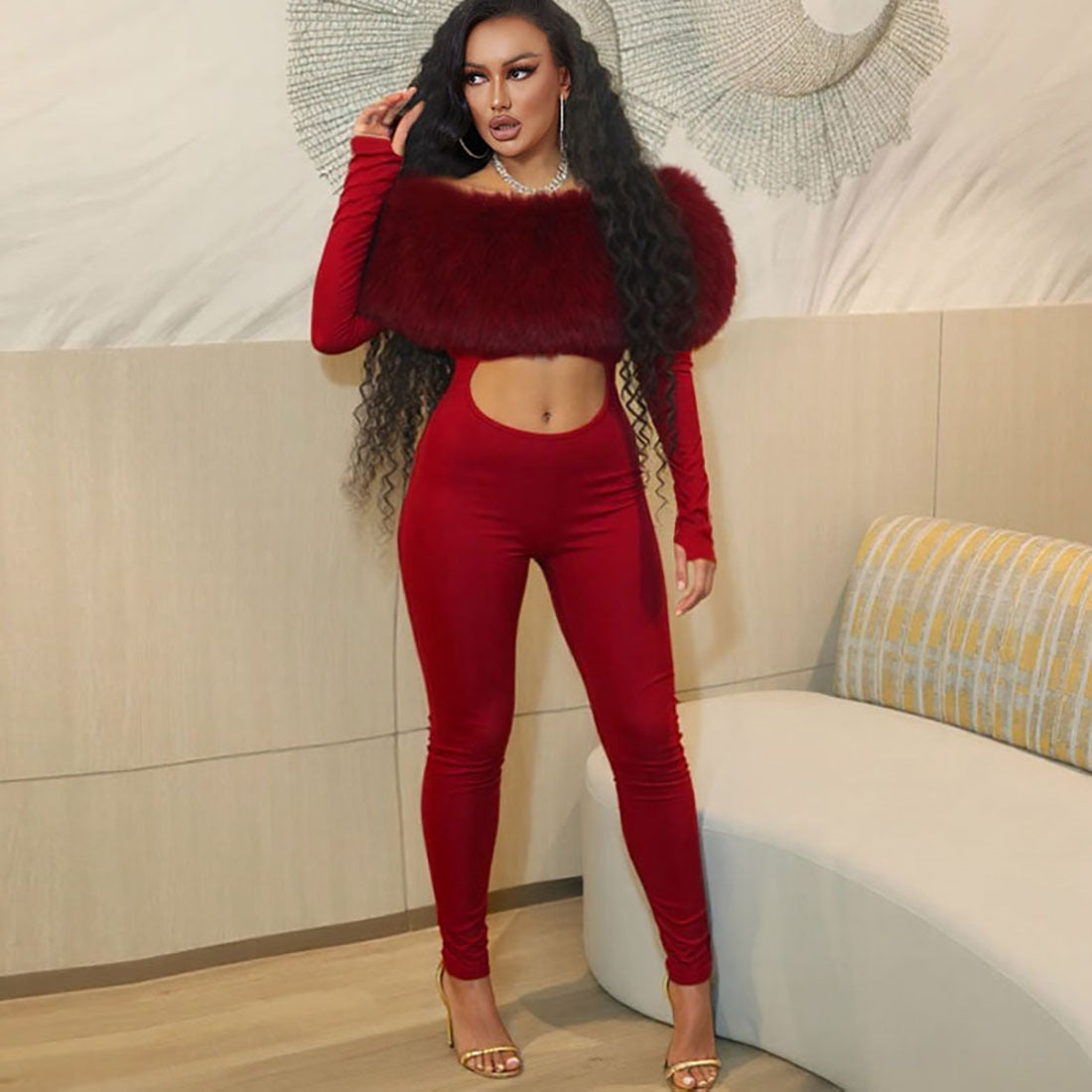 Sexy Off-Shoulder Furry Stitching Long Sleeve Jumpsuit