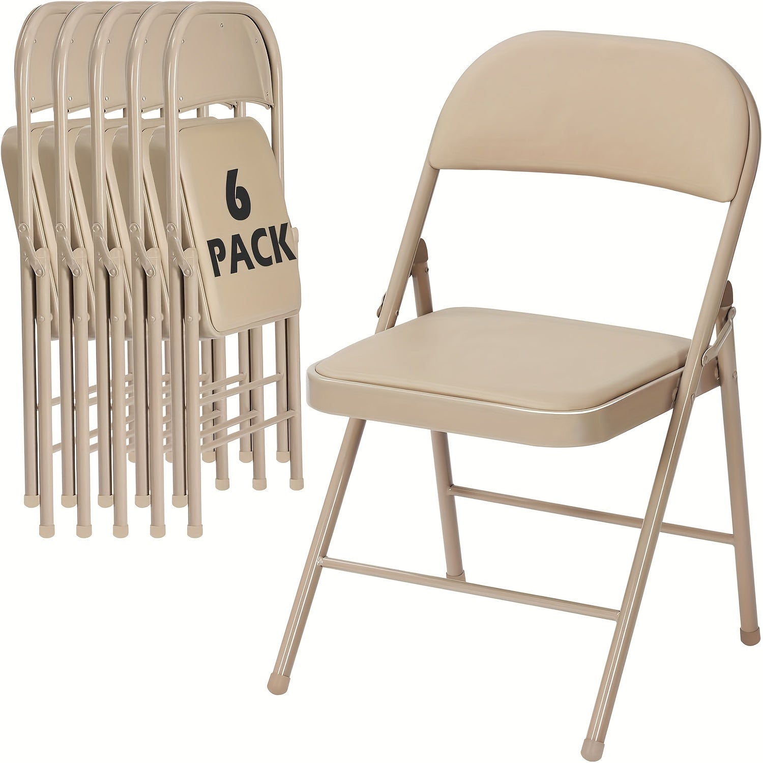 6‑Pack Khaki Folding Metal Chairs with Padded Seat and Back, Steel Frame – Indoor and Outdoor Use