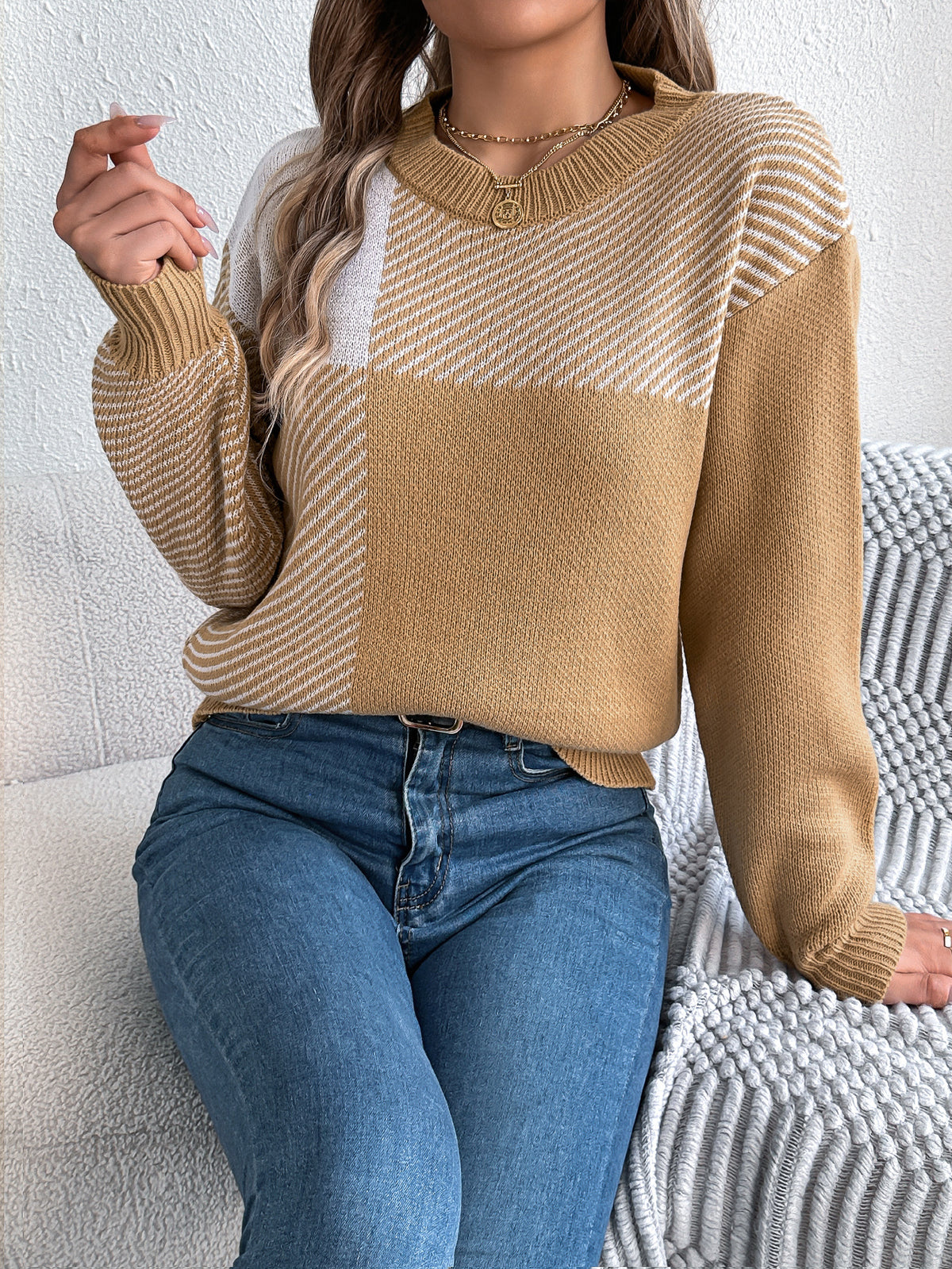 Women Casual Color Block Plaid Long Sleeve Pullover Sweater