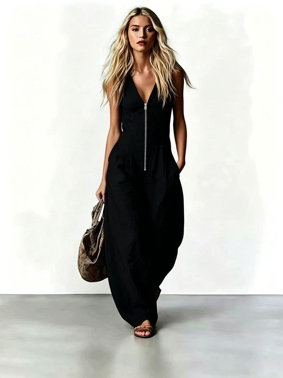 Women's Elegant Sleeveless V-Neck Wide-Leg Jumpsuit